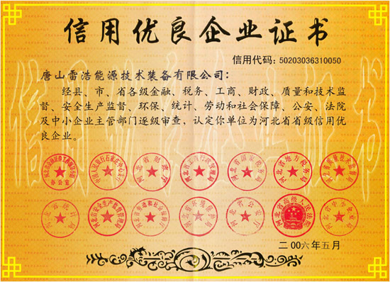 河北省信用优良企业证书